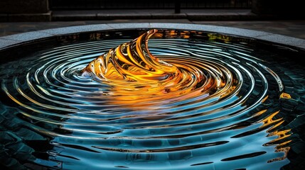 A shimmering sculpture creates mesmerizing ripples in a tranquil pool of water, reflecting vibrant colors and intricate patterns.