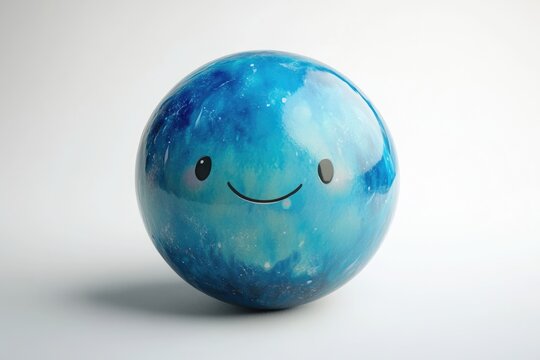 A happy blue planet with a smiling face, cosmic design, 3D rendering.