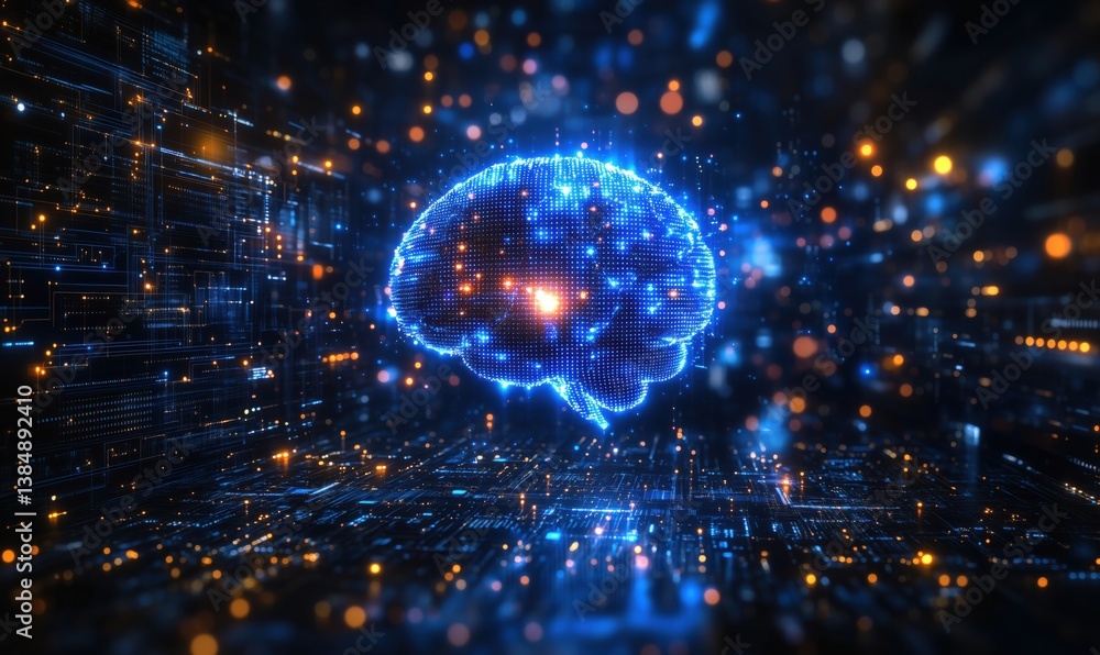 Poster digital brain visualization with glowing circuits and data streams in futuristic environment