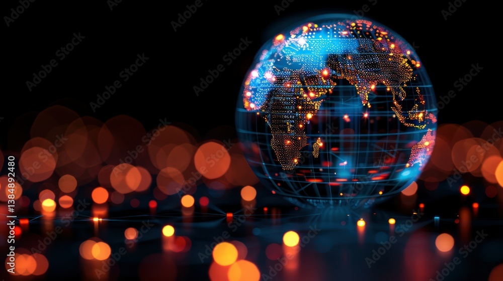 Poster digital globe illumination: a futuristic representation of earth is illuminated with glowing city li