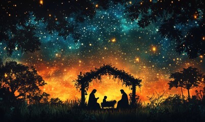 Nativity scene silhouette against starry night sky with vibrant colors and cosmic background