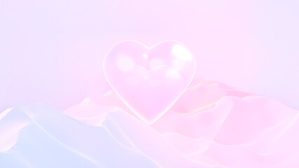 3D render glowing heart floating above sand dunes.