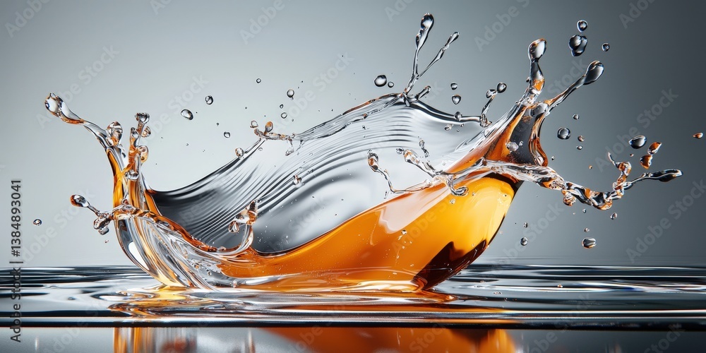 Poster a dynamic splash of amber liquid creates an artistic water effect against a smooth surface, showcasi
