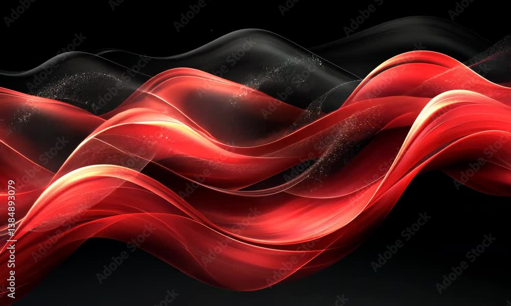 Poster abstract red and black silk flowing animation with glittering particles background