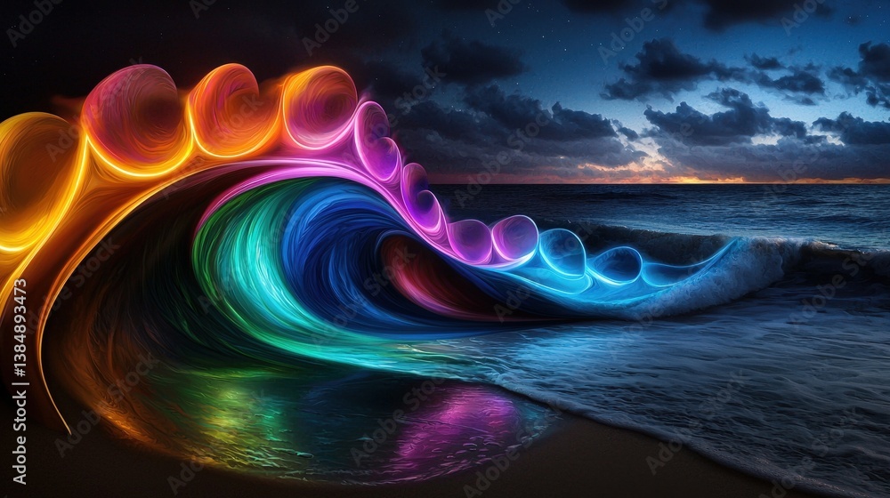 Aufkleber a vibrant wave with colorful light effects merging with the ocean at sunset, creating a surreal and 