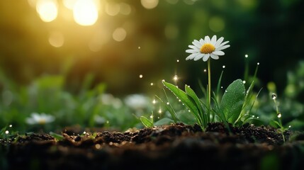 A single elegant daisy flower adorned with glistening dew drops, capturing the beauty of nature and reflecting the soft glow of sunlight in a tranquil garden setting.