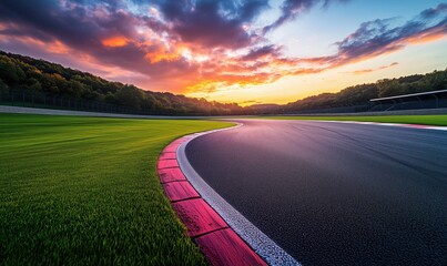 Naklejka premium Racing track at sunset with vibrant clouds and lush green surroundings