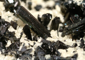 Mineral Schorl, tourmaline wafer with almost complete covering of toumaline crystals on one side and individual crystals on the other, Bahia, Brazil