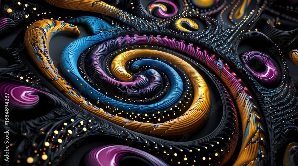 Poster a vibrant, swirling abstract design featuring colorful patterns against a dark background, creating 