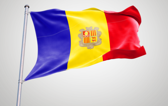 Waving flags of andorra  national symbols in the wind, distinct banners of each country