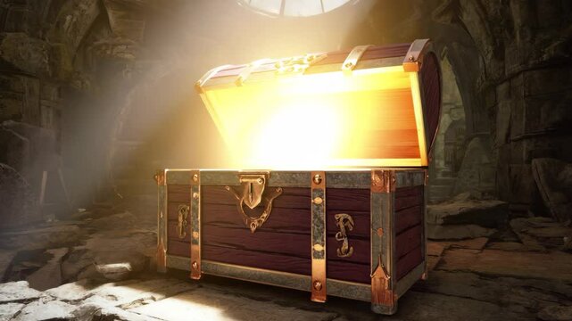 An ancient treasure chest creaks open, releasing a radiant glow that spills across the weathered floor, casting golden reflections on the timeworn surroundings.



