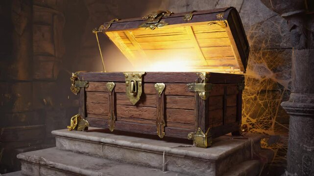 An ancient treasure chest creaks open, releasing a radiant glow that spills across the weathered floor, casting golden reflections on the timeworn surroundings.


