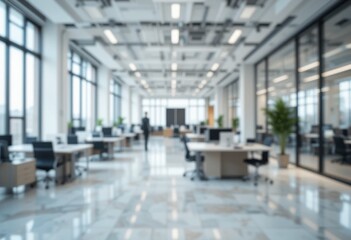Obraz premium Modern Office Interior Design Blurred Background Spacious Workplace desk room open floor light clean