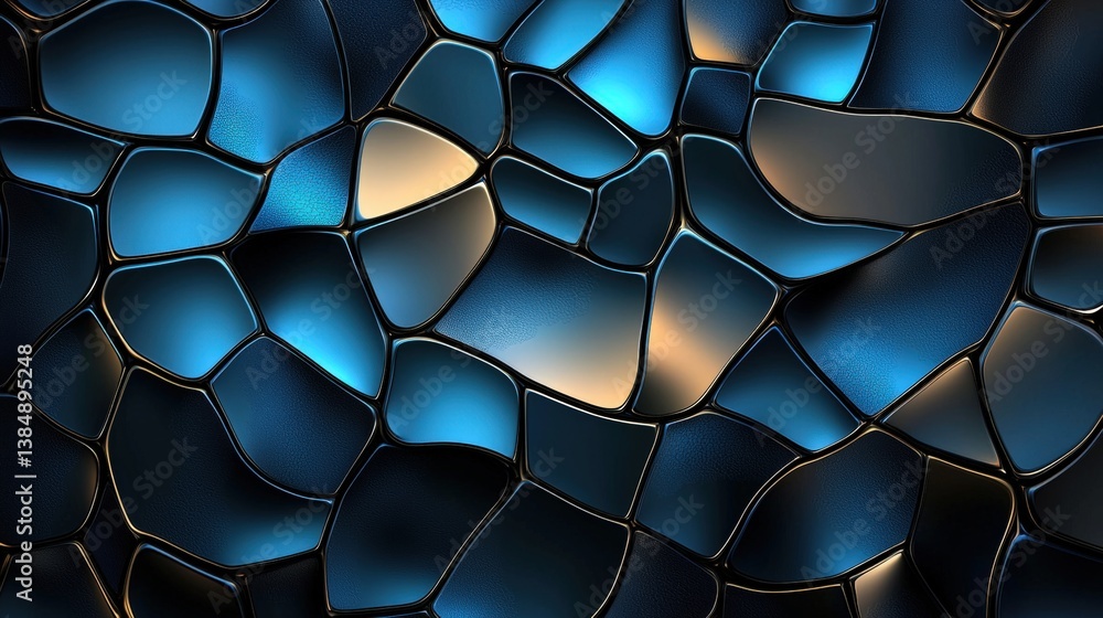 Poster a mesmerizing abstract pattern of interconnected shapes in shades of blue and black, creating a stri