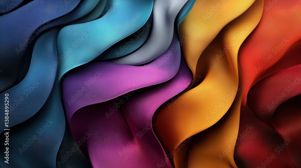 Poster a vibrant abstract image showcasing flowing waves of fabric in a spectrum of colors, creating a dyna