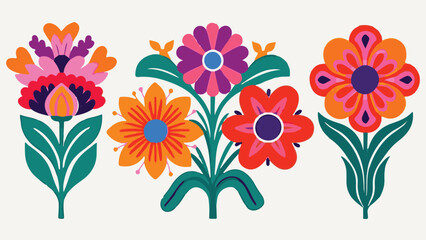 Colorful Decorative Flowers Bouquet with White Background, Flat Design, Botanical Art