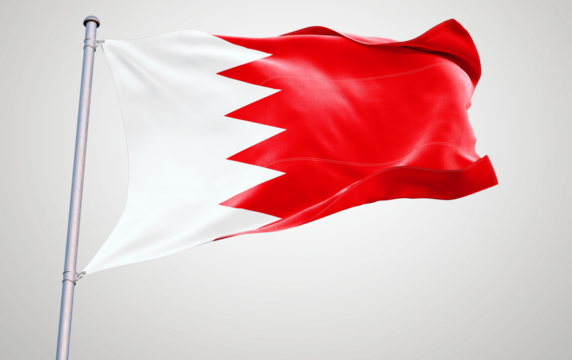 Waving red and white national flag of bahrain  symbol on isolated silk fabric banner