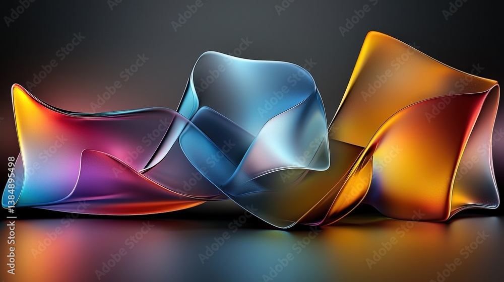 Poster a vibrant abstract design featuring flowing, translucent shapes in a spectrum of colors, creating a 