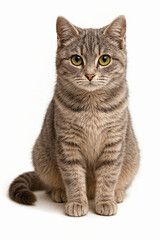 Fototapeta premium Adorable gray kitten sitting on a white background. Studio shot of a fluffy young domestic cat with soft fur and bright eyes. Perfect for pet-themed projects, animal lovers, veterinary or pet store 