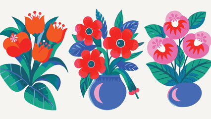 Vivid Floral Bouquets of Orange, Red, Pink Flowers with Blue Vases on Beige