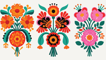 Vivid Floral Bouquets Folk Art Style with Symmetrical Design on a White Background