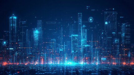 Fototapeta premium Futuristic Cityscape with Digital Data Overlay and Neon Glow Effects