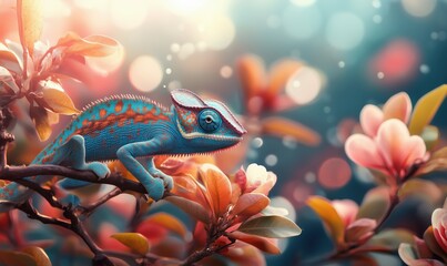 Colorful chameleon perched on branch surrounded by vibrant flowers and soft bokeh background