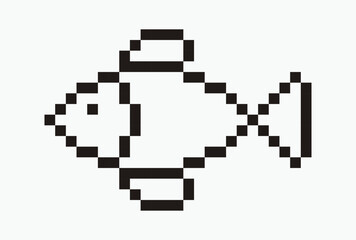 black and white fish pixel art icon vector illustration.