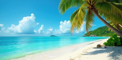 Tranquil palm trees sway above turquoise waters on a sandy tropical beach with an island in the background, nature, beach, coastal
