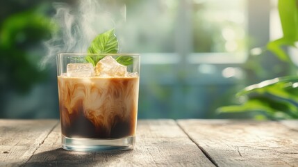 This captivating image shows a warm iced coffee elegantly presented with ice cubes and a touch of fresh basil, highlighting creativity and comfort, perfect for coffee enthusiasts.