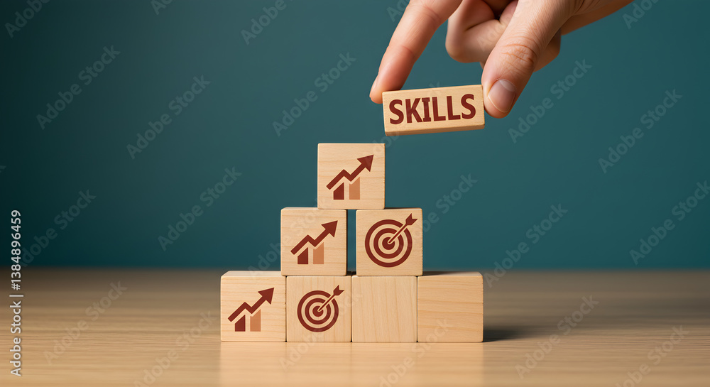 Aufkleber hand stacking wooden blocks with skills text and growth icons on table against blue background