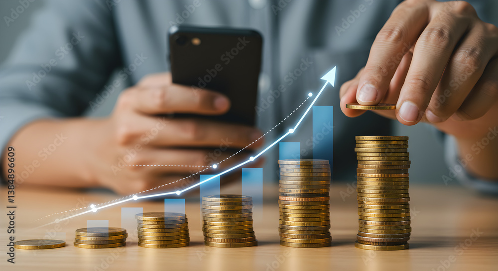 Poster hand stacking coins with upward arrow and using smartphone on wooden table