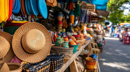 Fototapeta premium vibrant market scene filled with colorful handmade crafts, including woven hats, baskets, and textiles, showcasing rich culture and artistry of local community