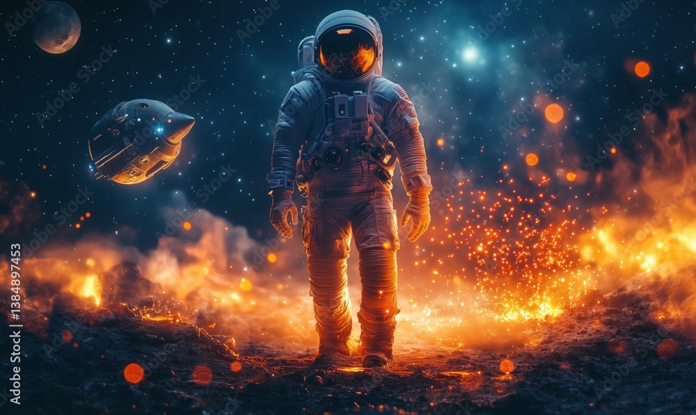 Poster astronaut exploring alien landscape with spaceship and cosmic background
