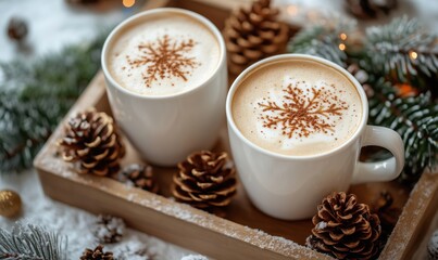 Festive winter coffee with snowflake design and pine cones on wooden tray
