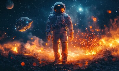 Obraz premium Astronaut exploring alien landscape with spaceship and cosmic background