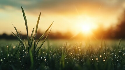 Bright green grass glistening with morning dew under the soft sunrise, symbolizing renewal and hope, highlighting nature's beauty and the freshness of early mornings.