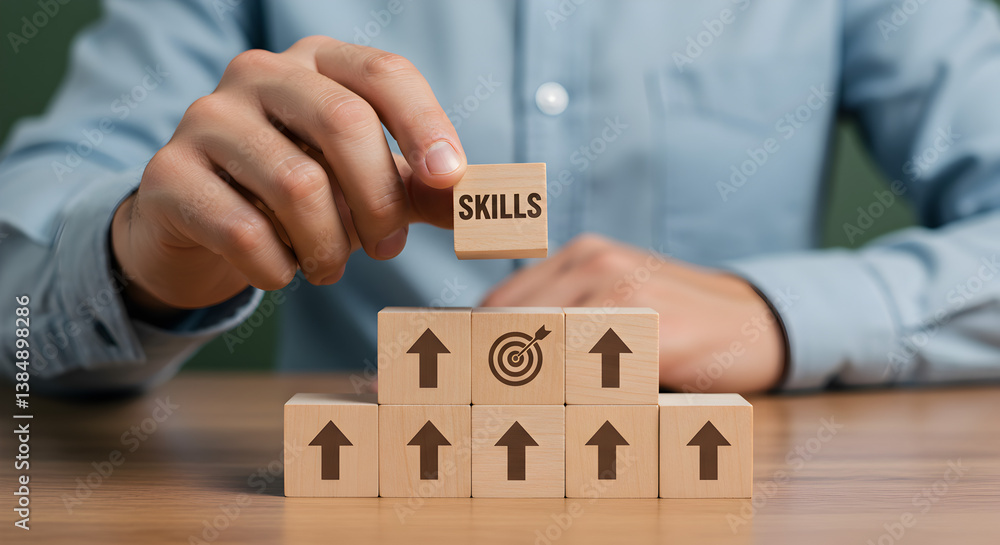 Poster hand arranging wooden blocks displaying skills target and arrows for personal and professional devel