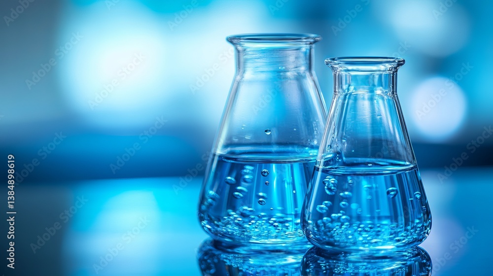Poster two clear erlenmeyer flasks filled with a blue liquid on a blue surface in a laboratory setting