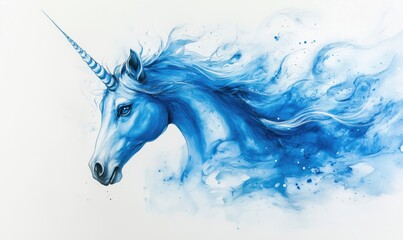 Majestic blue unicorn with flowing mane and magical aura in watercolor style