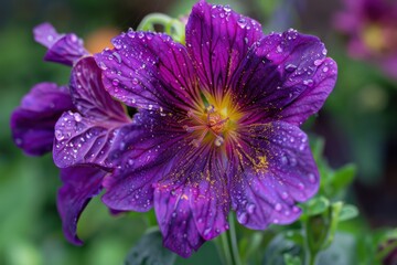 Vibrant purple flower covered in droplets after a refreshing rain in a garden during springtime