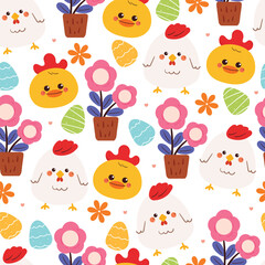 seamless pattern cute cartoon chicken, chick with flower and easter eggs. cute animal pattern for wallpaper and background