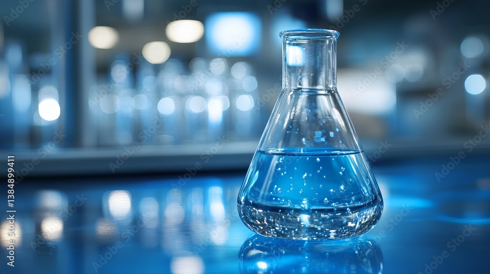 Poster close up of a glass flask filled with blue liquid in a laboratory setting with blurred background