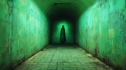 Fear-Terror ,grunge, A shadowy figure stands at the end of a dimly lit space, creating an eerie atmosphere in this high-resolution image.