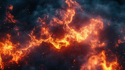 Fiery flames and smoke engulfing a dark space