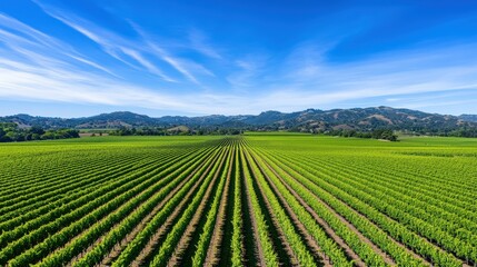 A lush vineyard stretches across rolling hills under a clear blue sky, showcasing neatly arranged rows of grapevines.