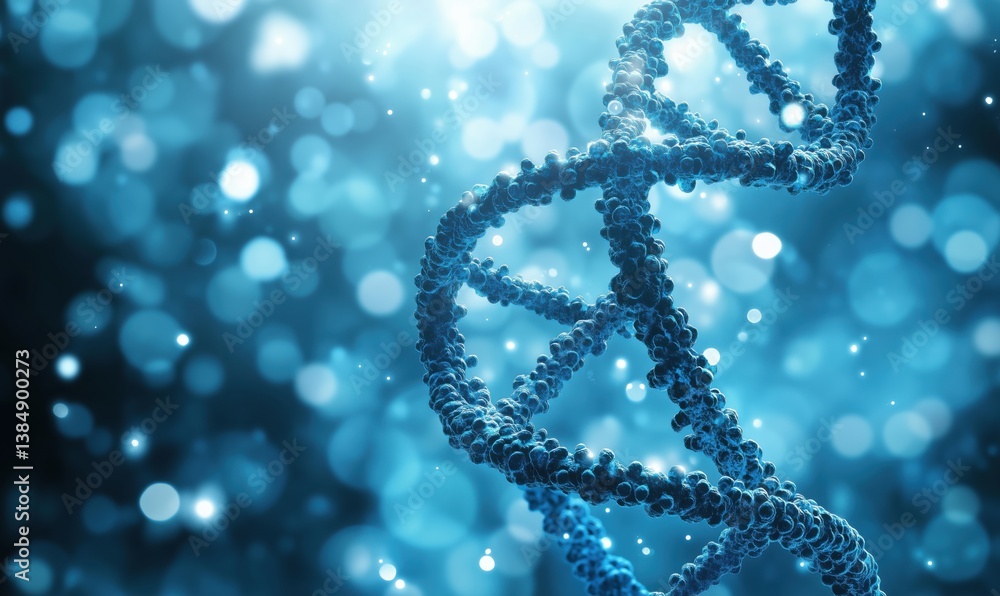 Poster 3d dna double helix structure with glowing blue background and bokeh effect