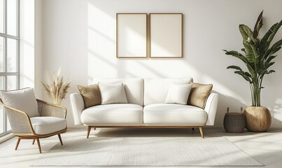 Modern minimalist living room with white sofa and natural decor elements