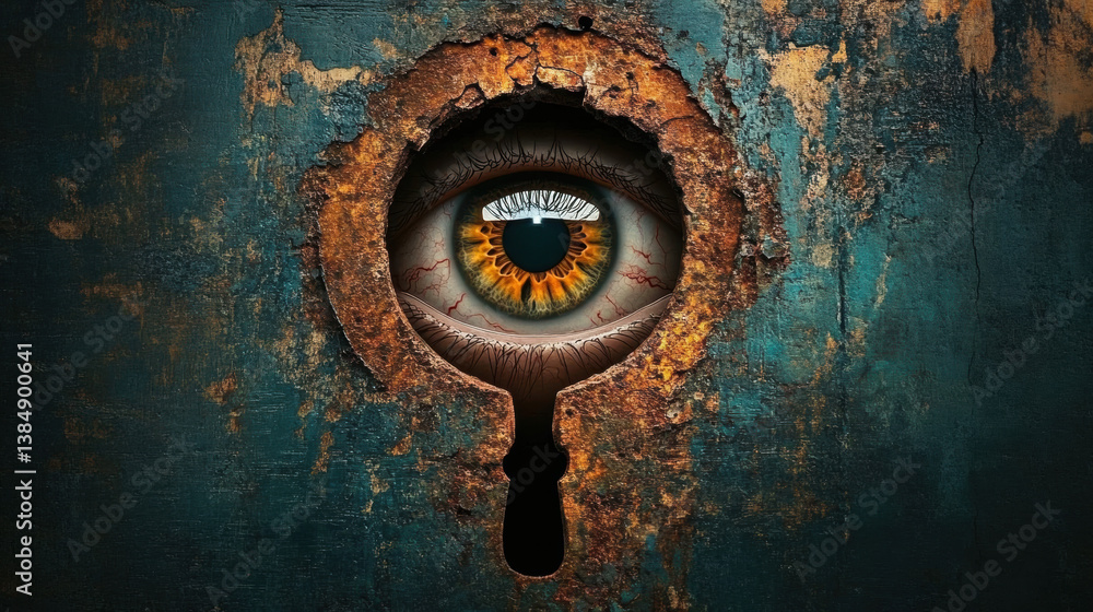 Poster fear-terror ,grunge, a distorted image of a single eye peering through a keyhole, emphasizing intrig