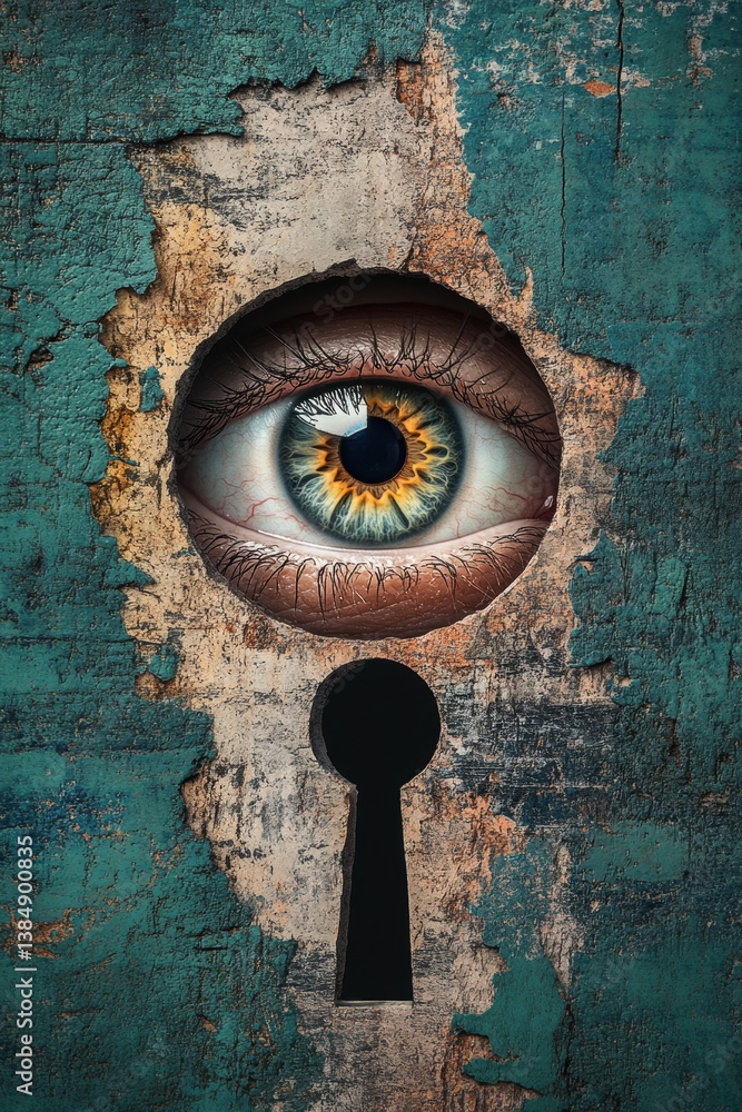 Poster fear-terror ,grunge, a single eye looking through a distorted keyhole, capturing an intriguing persp
